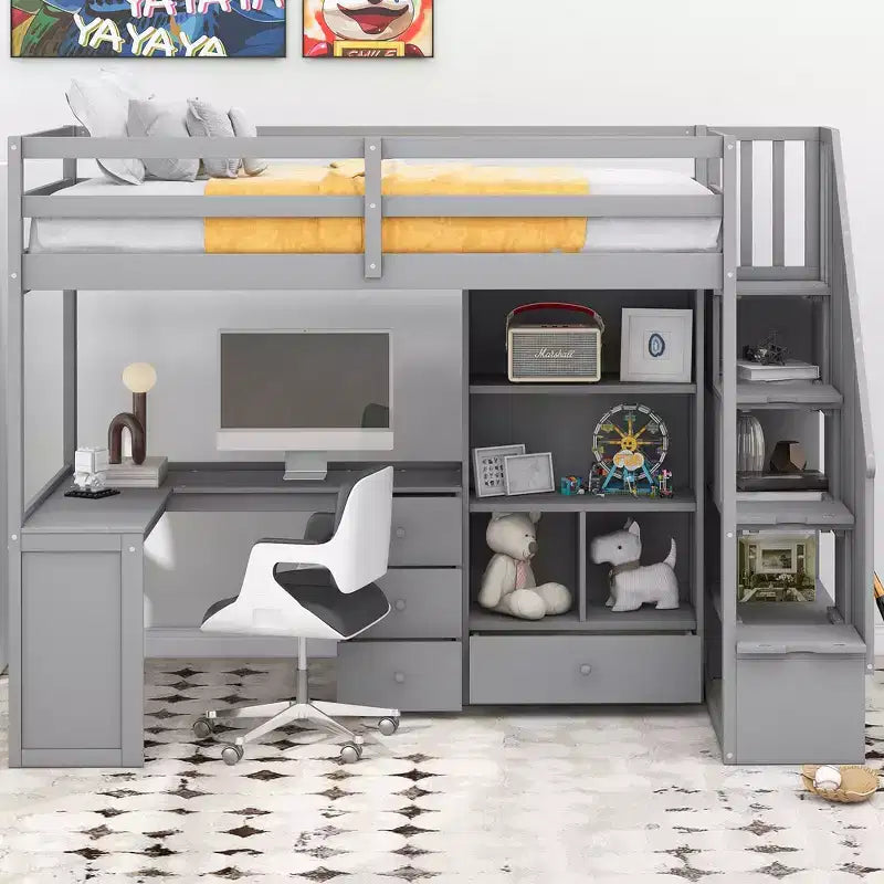 Lit mezzanine une place avec bureau en L, 3 tiroirs, placard, rangements intégrés dans l'escalier, en pin massif/MDF