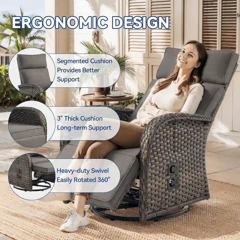 Pocassy 3 PCS Fauteuil inclinable d'extérieur polyvalent avec table d'appoint Coussin gris