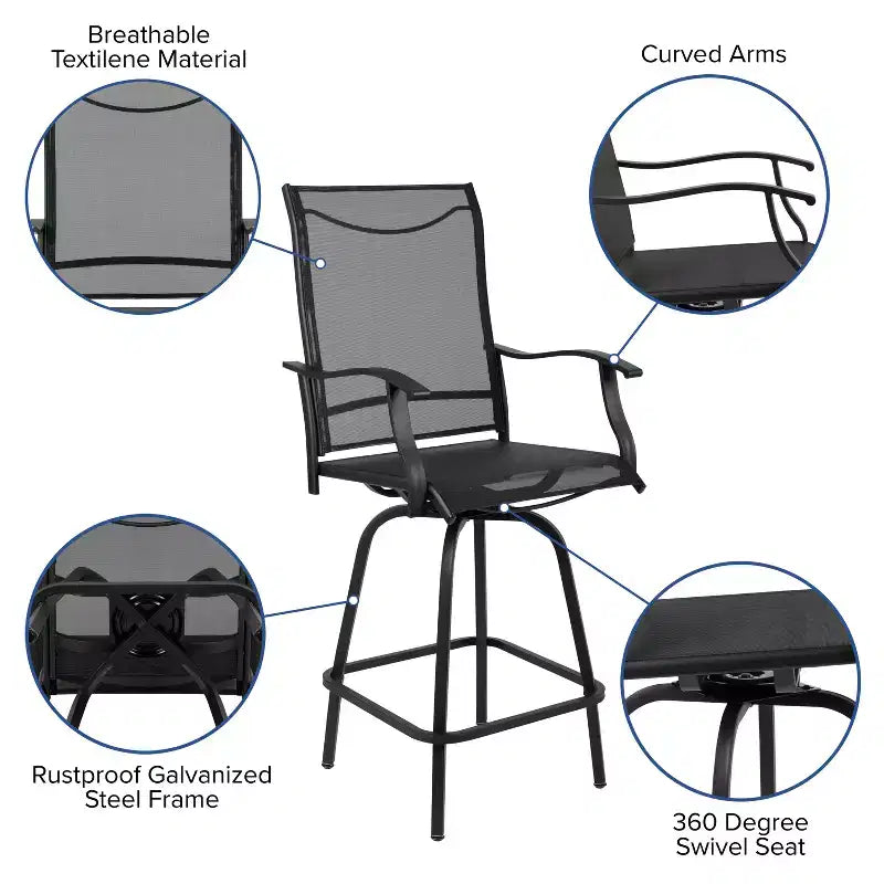 Flash Furniture Valerie – Lot de 2 tabourets de bar d'extérieur pivotants en textilène tout temps avec dossier haut et accoudoirs