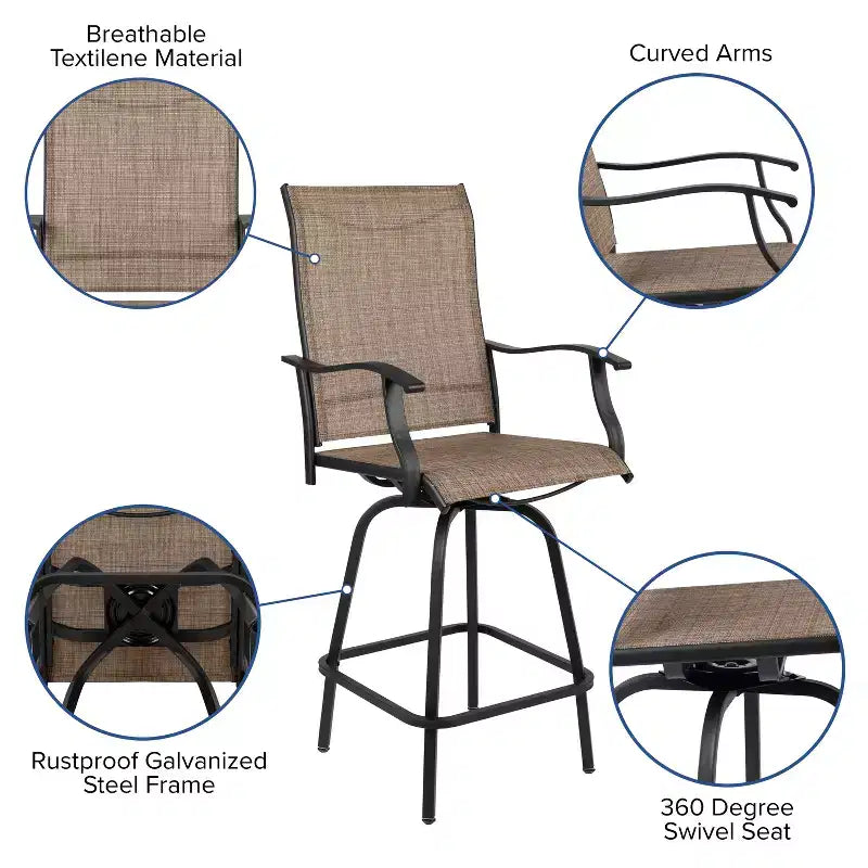 Flash Furniture Valerie – Lot de 2 tabourets de bar d'extérieur pivotants en textilène tout temps avec dossier haut et accoudoirs