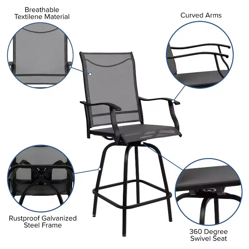 Flash Furniture Valerie – Lot de 2 tabourets de bar d'extérieur pivotants en textilène tout temps avec dossier haut et accoudoirs
