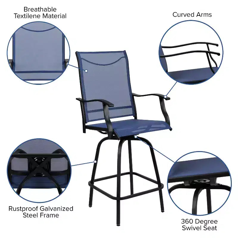Flash Furniture Valerie – Lot de 2 tabourets de bar d'extérieur pivotants en textilène tout temps avec dossier haut et accoudoirs