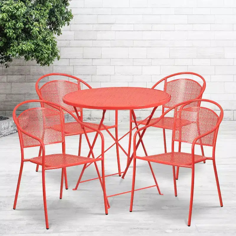 Flash Furniture Oia Ensemble table de patio pliante en acier rond de 30 po de qualité commerciale pour l'intérieur et l'extérieur avec 4 chaises à dossier rond