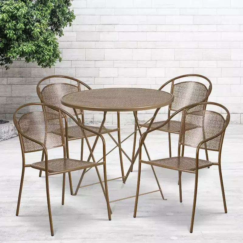 Flash Furniture Oia Ensemble table de patio pliante en acier rond de 30 po de qualité commerciale pour l'intérieur et l'extérieur avec 4 chaises à dossier rond