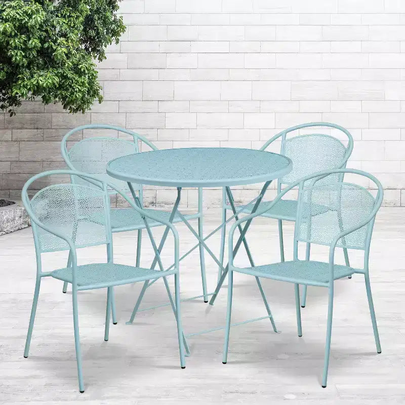 Flash Furniture Oia Ensemble table de patio pliante en acier rond de 30 po de qualité commerciale pour l'intérieur et l'extérieur avec 4 chaises à dossier rond