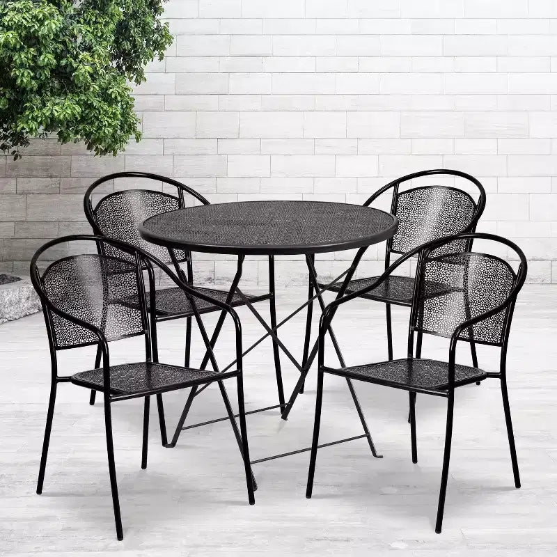 Flash Furniture Oia Ensemble table de patio pliante en acier rond de 30 po de qualité commerciale pour l'intérieur et l'extérieur avec 4 chaises à dossier rond