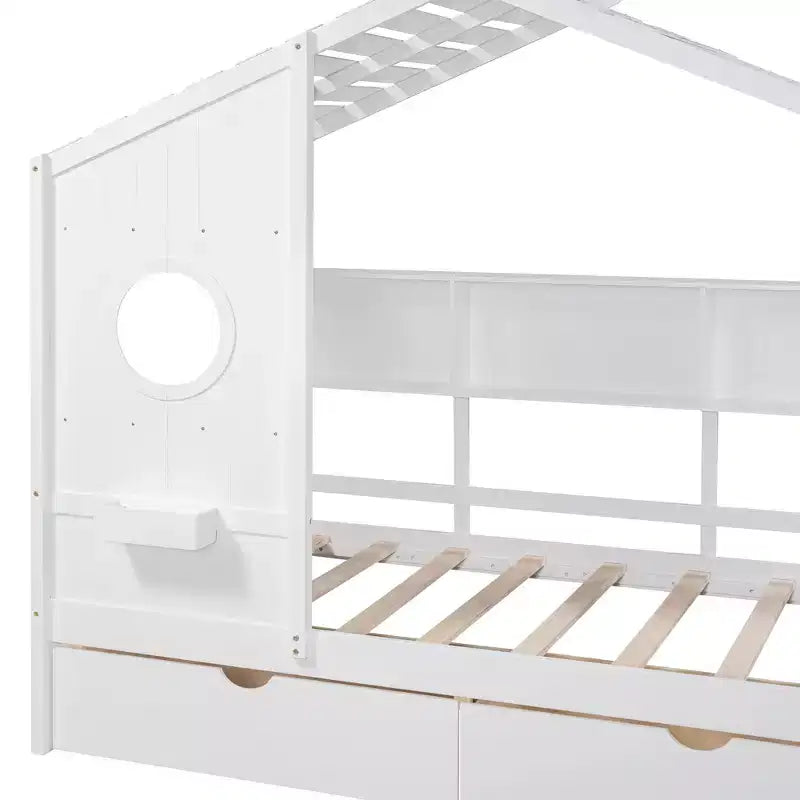 Lit cabane en bois double/complet avec 2 tiroirs, lit pour enfants avec étagère de rangement - ModernLuxe