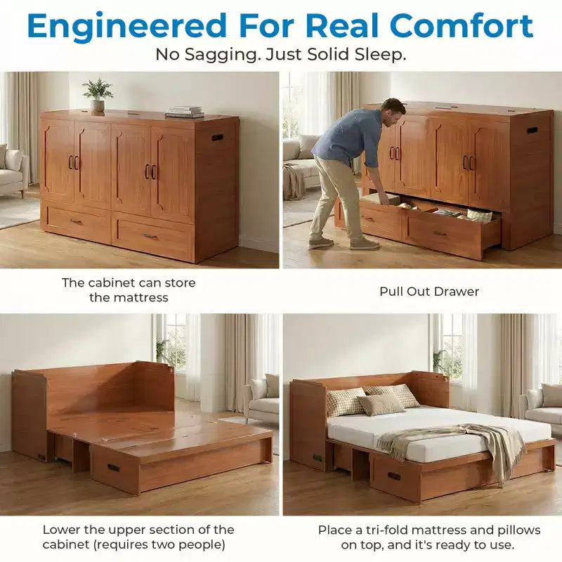 Lit armoire escamotable convertible Mjkone Queen Size avec chargement USB, tiroirs de rangement, matelas non inclus