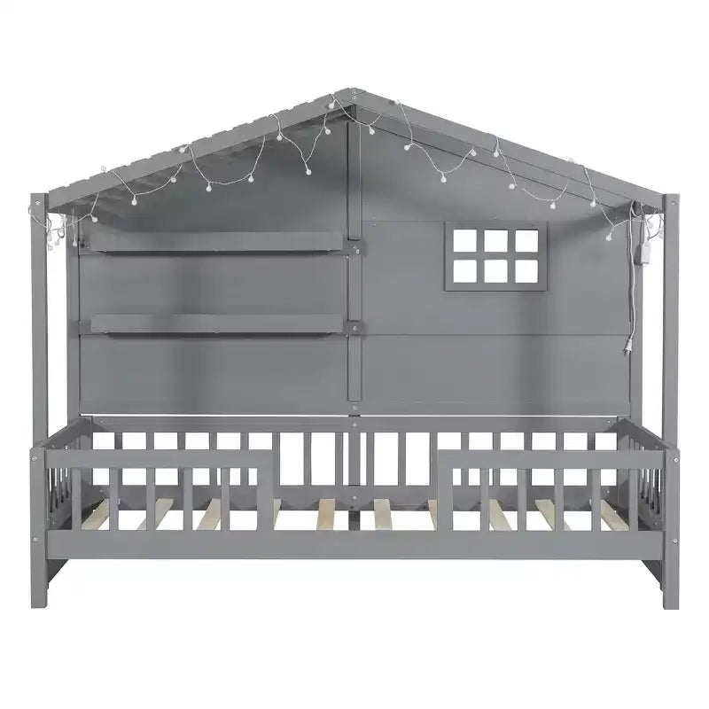 Lit cabane double avec étagères de rangement et barrières, cadre de lit Montessori en bois pour enfants avec fenêtre et bande lumineuse scintillante