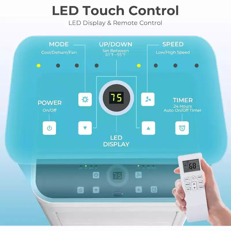 Climatiseur portable 8 000 BTU, unité 3-en-1 avec 4 modes, minuterie, écran LED, télécommande et kit d'installation, pour chambre/salon/bureau, Blanc.