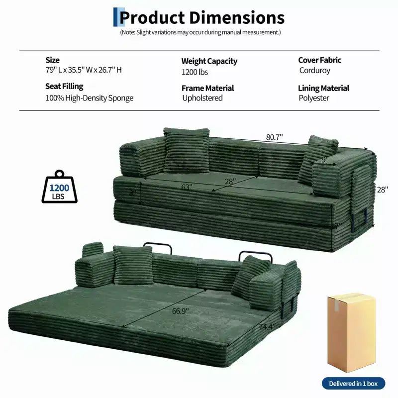Canapé-lit convertible 5-en-1 80,7 po – Velours côtelé, 1200 lb, aucun assemblage requis