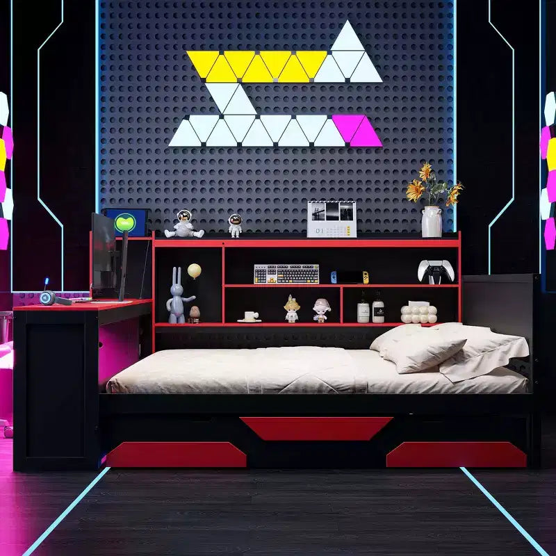 Lit de repos de jeu double/grand avec tête de lit bibliothèque, lumières LED, bureau intégré, tiroirs et station de charge