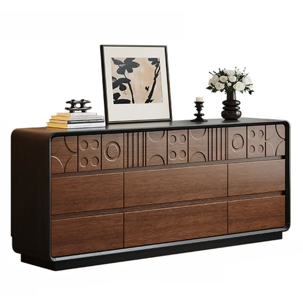 Commode en bois d'inspiration Art déco avec sculptures géométriques