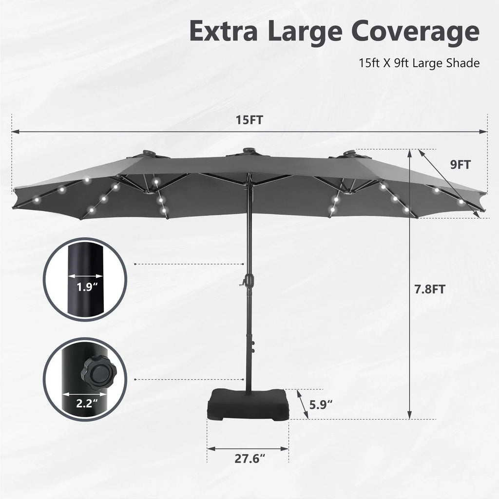 MAISON ARTS Parasol excentré rectangulaire de 4,5 m avec manivelle, parasol de marché double face d'extérieur avec lumières LED solaires et base incluse