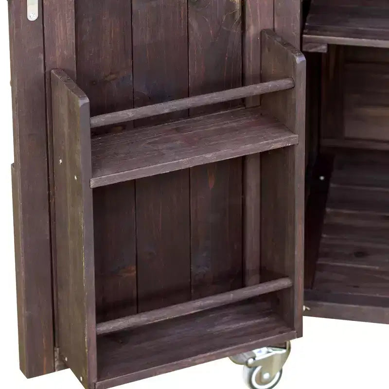 Îlot de cuisine d'extérieur Okak avec plateau en acier inoxydable, chariot de cuisine en bois avec portes, étagères et porte-épices, îlot de cuisine roulant