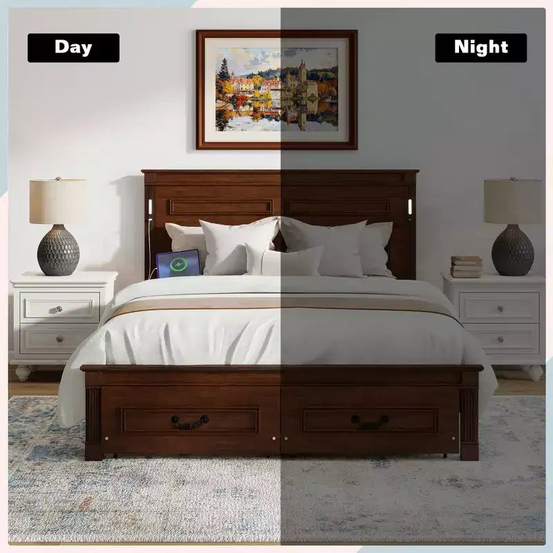 ModernLuxe Lit plateforme Queen/King Size avec tête de lit haute, cadre de lit rustique en bois avec 2 tiroirs, lumières LED et ports USB