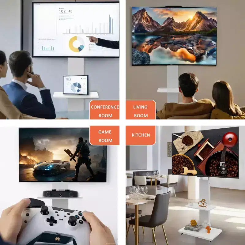 Meuble TV pour téléviseurs de 32 à 75 pouces, Chariot TV mobile à hauteur réglable avec tiroir et roulettes pour salon, chambre, bureaux -ModernLuxe