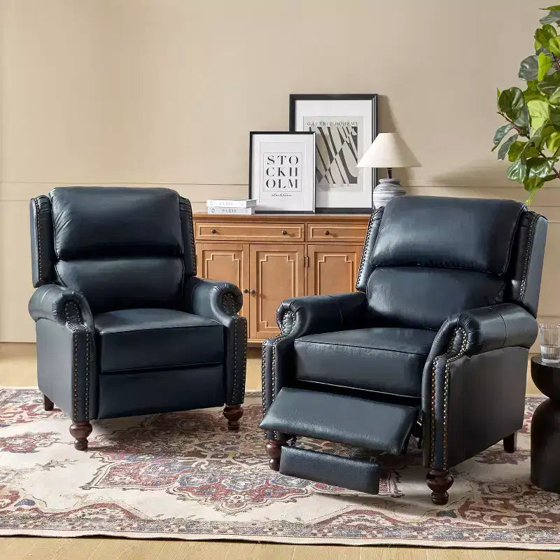 Ensemble de 2 fauteuils inclinables modernes en cuir véritable Elisabete avec garniture cloutée vintage pour salon et chambre à coucher | ART OF LIVING DESIGNS