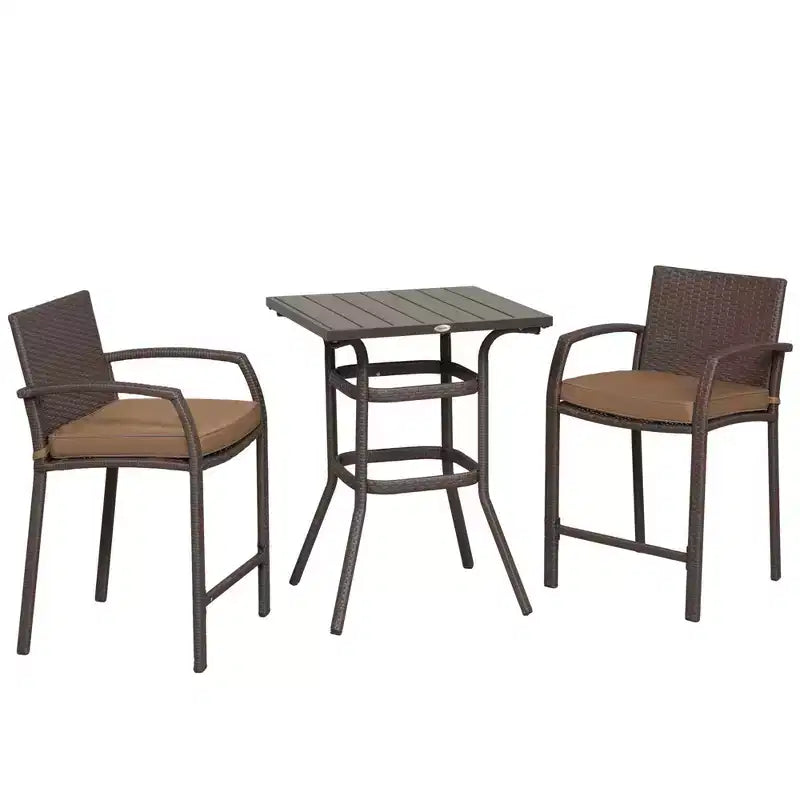 Outsunny Ensemble de bar 3 pièces en rotin avec table à plateau en grain de bois et 2 tabourets de bar pour l'extérieur, le patio, la piscine, le jardin