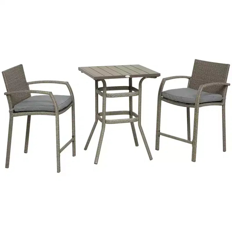 Outsunny Ensemble de bar 3 pièces en rotin avec table à plateau en grain de bois et 2 tabourets de bar pour l'extérieur, le patio, la piscine, le jardin