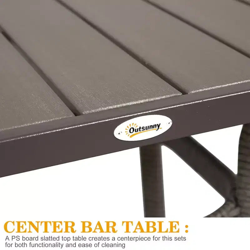 Outsunny Ensemble de bar 3 pièces en rotin avec table à plateau en grain de bois et 2 tabourets de bar pour l'extérieur, le patio, la piscine, le jardin