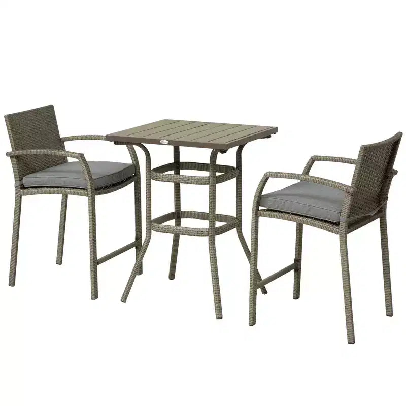 Outsunny 3 PCS Rattan Wicker Bar Set with Wood Grain Top Table and 2 Bar Stools for Outdoor, Patio, Poolside, Garden