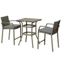 Outsunny 3 PCS Rattan Wicker Bar Set with Wood Grain Top Table and 2 Bar Stools for Outdoor, Patio, Poolside, Garden
