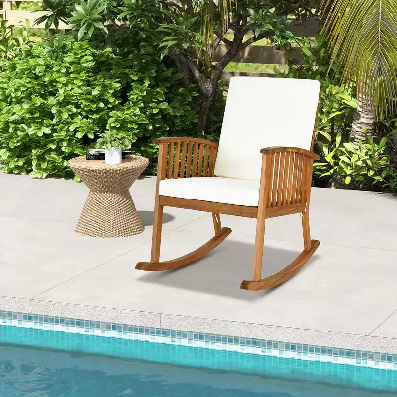 Fauteuil à bascule d'extérieur en bois d'acacia Costway avec coussin pour jardin ou terrasse