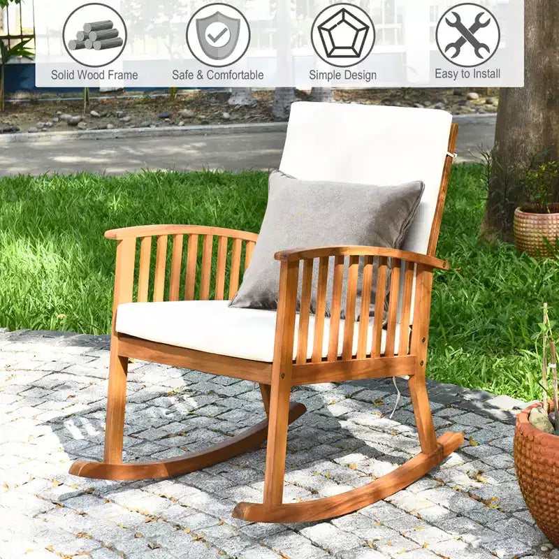 Fauteuil à bascule d'extérieur en bois d'acacia Costway avec coussin pour jardin ou terrasse
