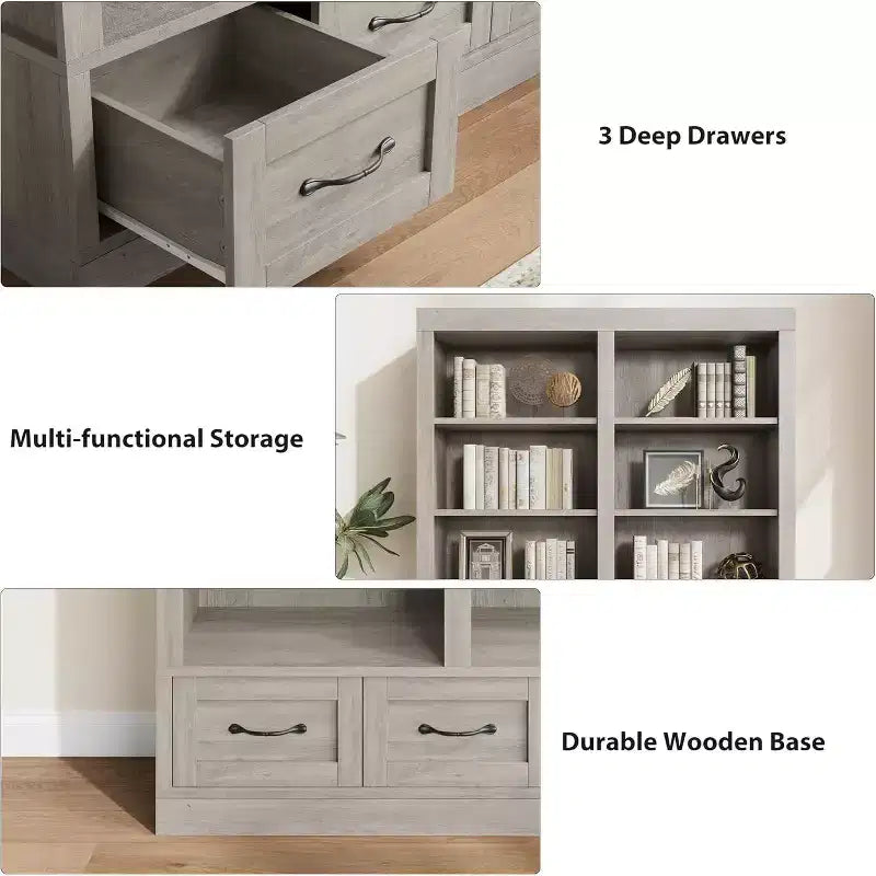 Bibliothèque et étagères de 64 H, étagère avec 3 tiroirs de rangement, étagère ouverte à 4 niveaux double largeur pour bureau salon