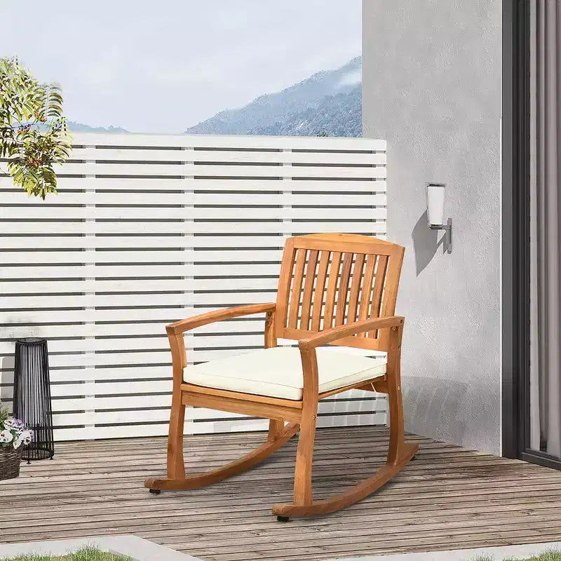 Chaise à bascule d'extérieur Outsunny avec coussin, fauteuil à bascule de patio en bois d'acacia pour jardin, terrasse, maison, ton teck