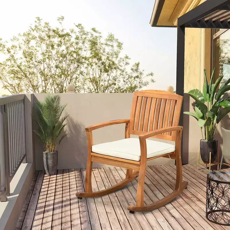 Chaise à bascule d'extérieur Outsunny avec coussin, fauteuil à bascule de patio en bois d'acacia pour jardin, terrasse, maison, ton teck