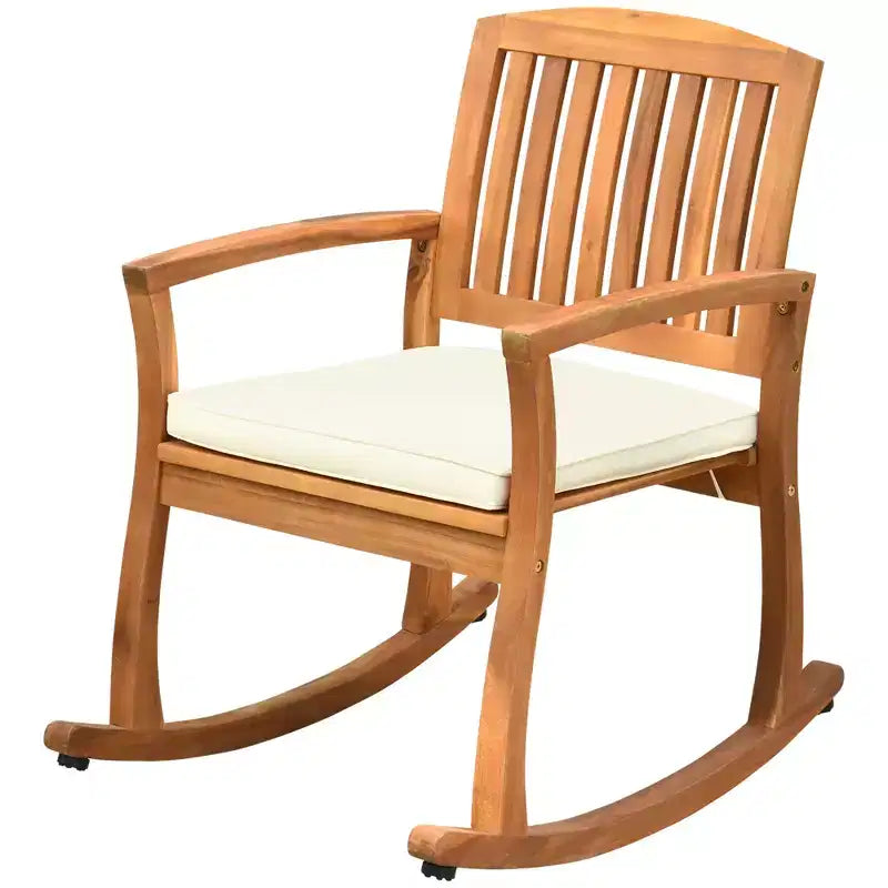 Chaise à bascule d'extérieur Outsunny avec coussin, fauteuil à bascule de patio en bois d'acacia pour jardin, terrasse, maison, ton teck