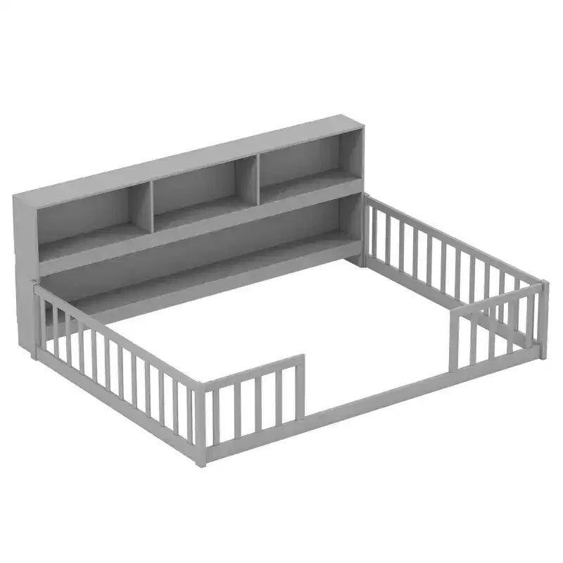 Lit de sol Montessori double/complet avec étagères de rangement et barrières de sécurité Blanc/Gris