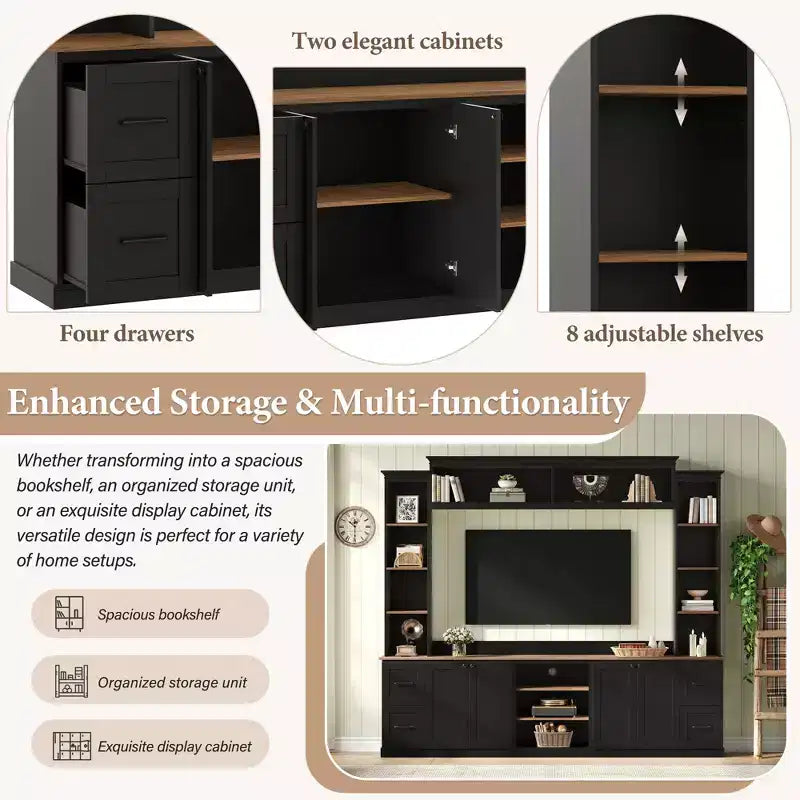 Meuble TV mural 4-en-1 ModernLuxe de style campagnard, convient aux téléviseurs jusqu'à 70 pouces, meuble TV console multimédia avec étagères réglables et tiroirs