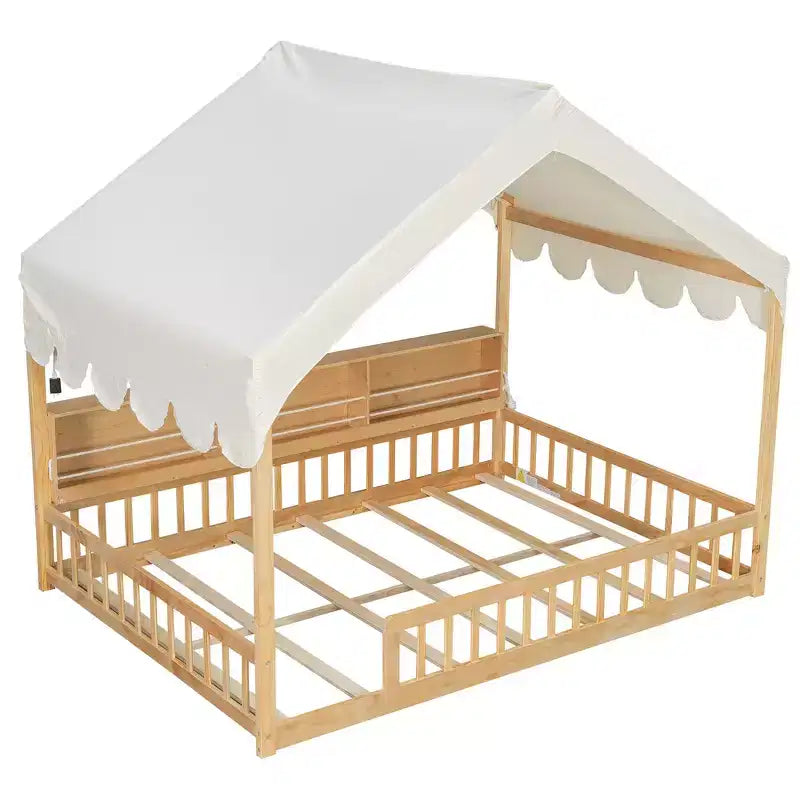 Cadre de lit en bois pleine grandeur Whisen, lit de repos en forme de maison avec clôture, 3 étagères de rangement, rideau
