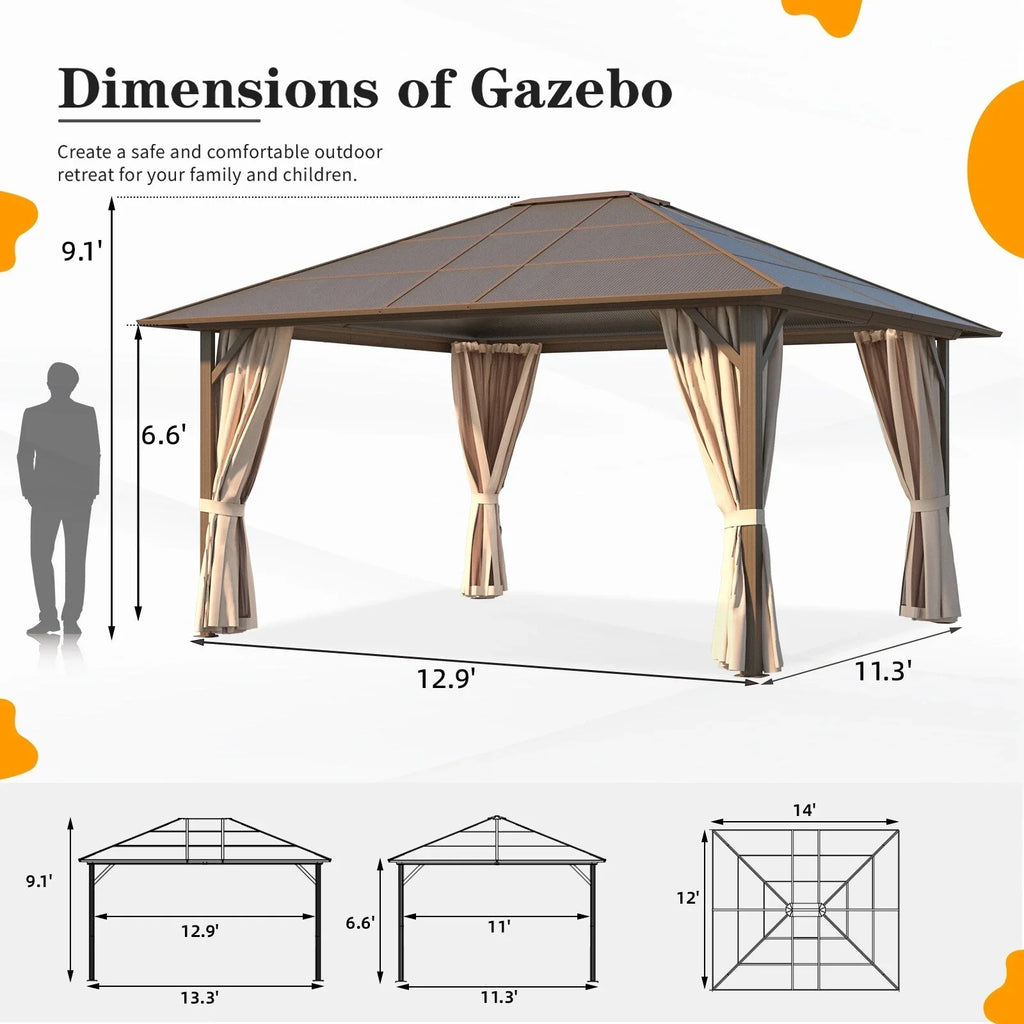 Tonnelle EROMMY à toit rigide, pergola extérieure avec double toit, moustiquaire et rideaux, auvent robuste pour patio, jardin, fête au bord de la piscine