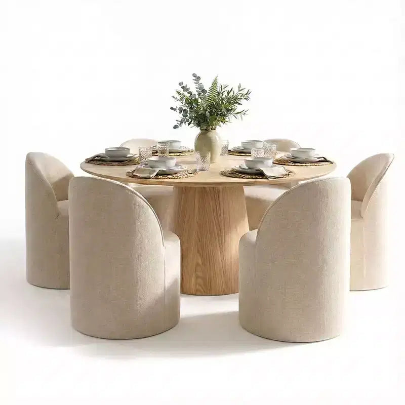 Ensemble de salle à manger moderne pour 6 personnes, table à manger ronde avec pied central, chaises de salle à manger pivotantes à roulettes, tissu chenille texturé - Panipeachy