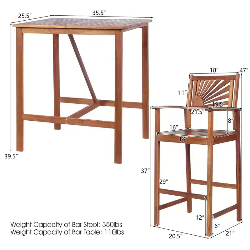 Costway Ensemble de bar 3 pièces en bois d'acacia, hauteur de bar, ensemble de salle à manger de bistrot de patio extérieur