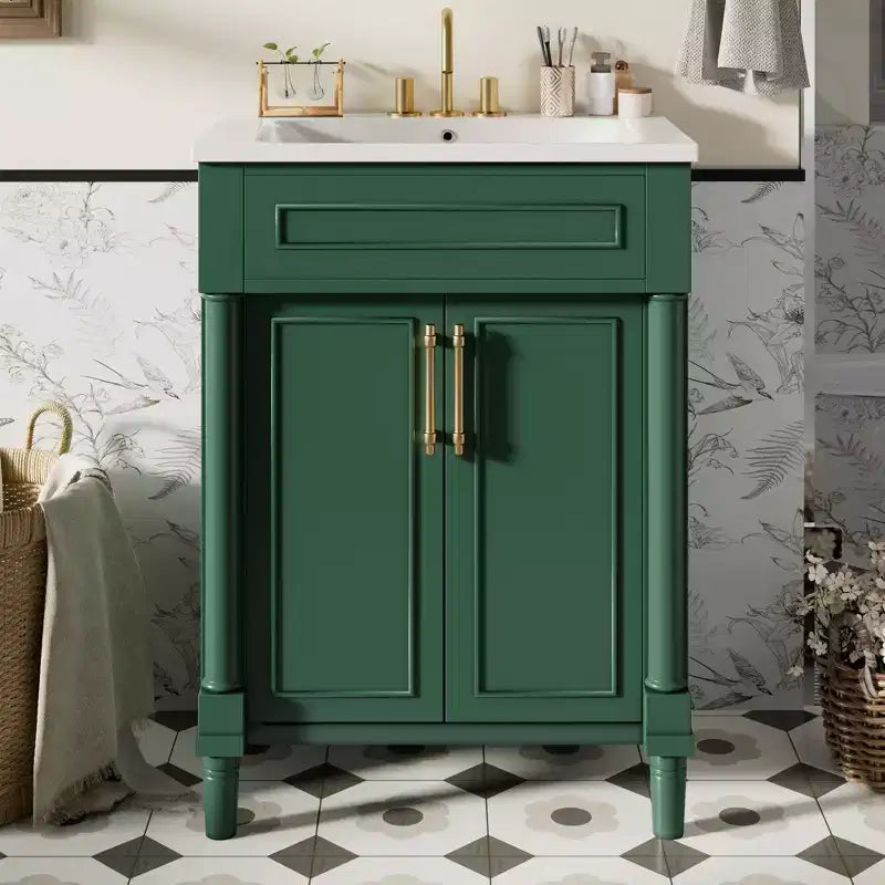 Meuble-lavabo de 24 po avec évier en céramique, armoire Shaker, 2 portes à fermeture amortie, cadre en bois massif pour petite salle de bain ou salle d'eau