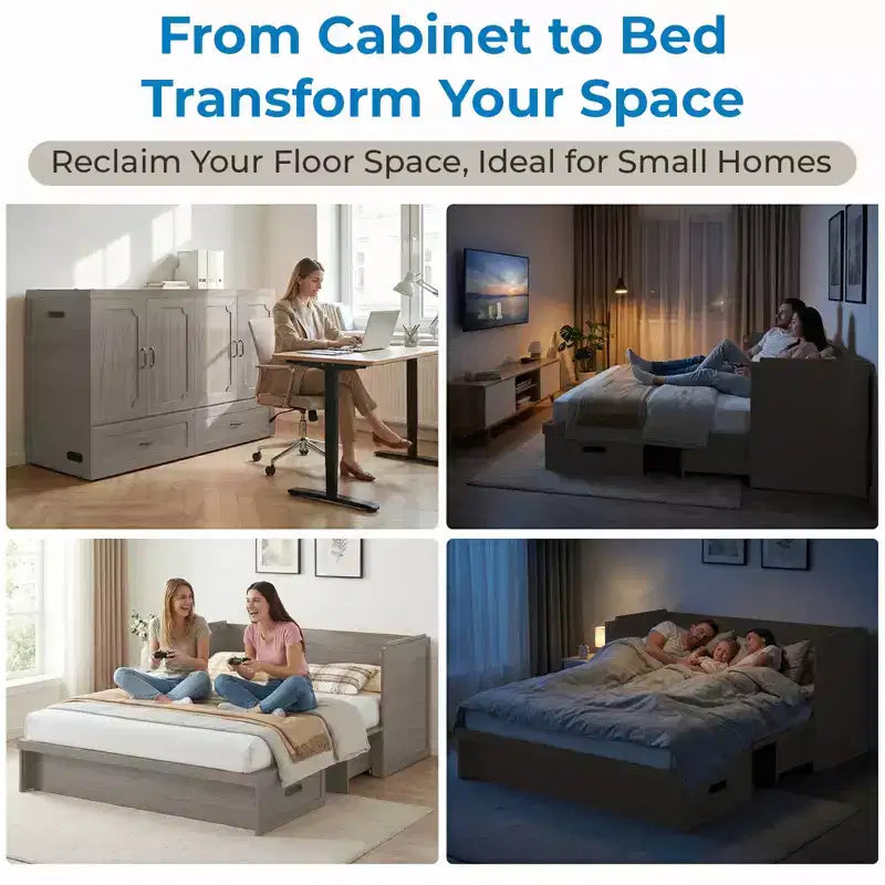 Lit escamotable convertible Queen Size Mjkone avec matelas, chargement USB, tiroirs de rangement