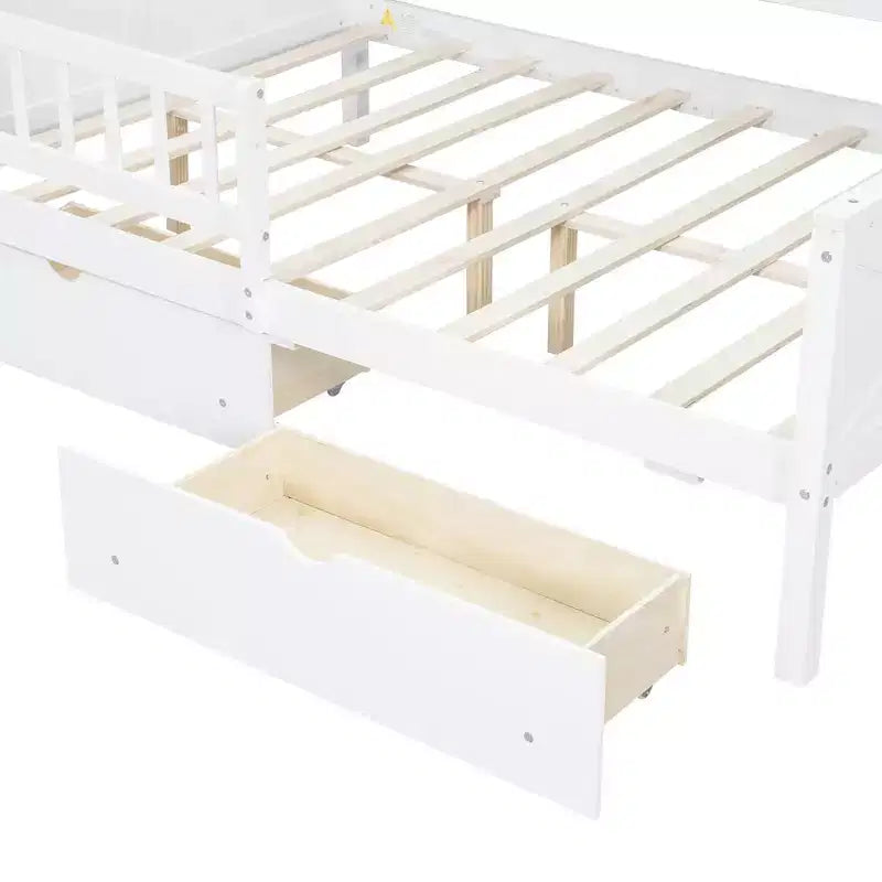 Cadre de lit maison pleine grandeur avec tiroirs, lit plate-forme maison avec lumières LED, étagères de rangement et tiroirs, lit de repos en bois avec toit et garde-corps