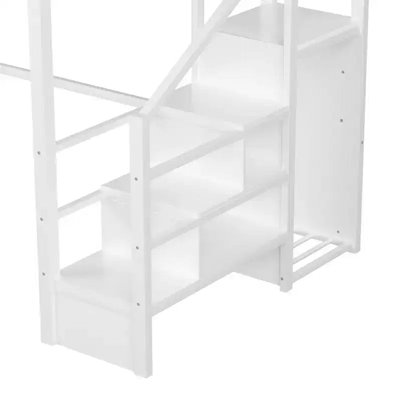 Lit mezzanine ModernLuxe double/grand format avec escalier et armoire intégrée, cadre de lit en métal avec lumières LED, station de charge USB et étagères de rangement
