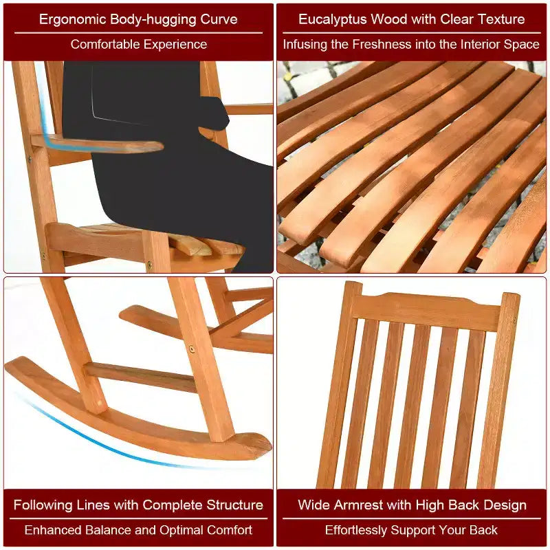 Costway Lot de 2 chaises à bascule d'extérieur en eucalyptus pour terrasse, couleur naturelle