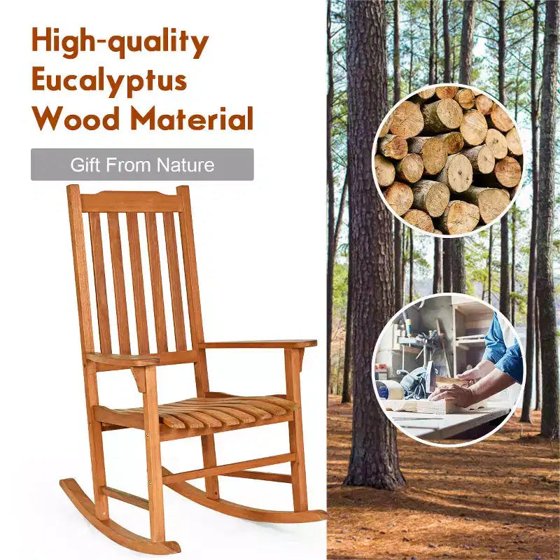 Costway Lot de 2 chaises à bascule d'extérieur en eucalyptus pour terrasse, couleur naturelle