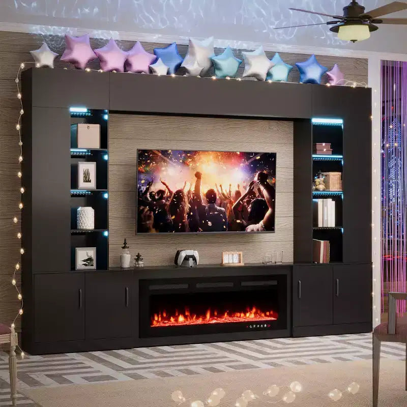 Meuble TV mural EROMMY 112L avec cheminée et lumières LED