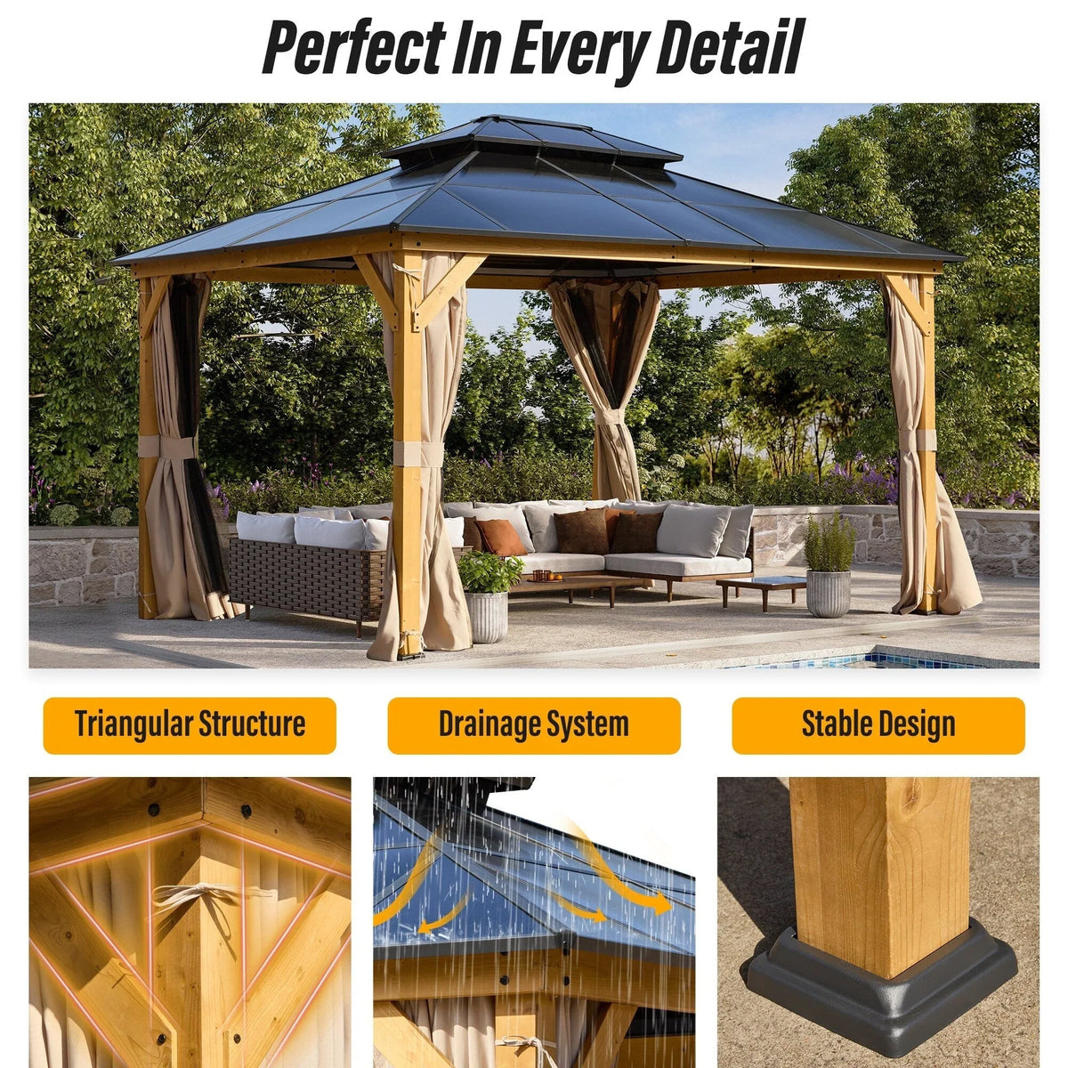 Tonnelle EROMMY à toit rigide, pergola extérieure avec double toit, moustiquaire et rideaux, auvent robuste pour patio, jardin, fête au bord de la piscine