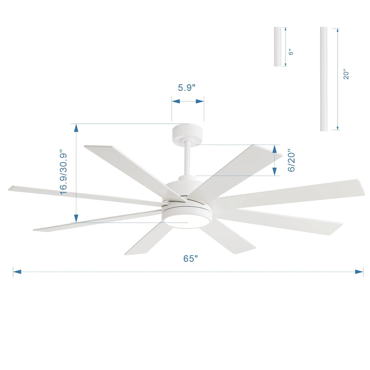 Ventilateur de plafond de 65 pouces à 8 pales noires avec lumière LED et télécommande