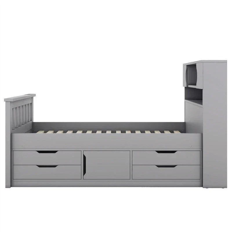 Lit plateforme capitaine double/grand avec 4 tiroirs et étagères de rangement, cadre de lit en bois massif avec tête de lit bibliothèque de rangement