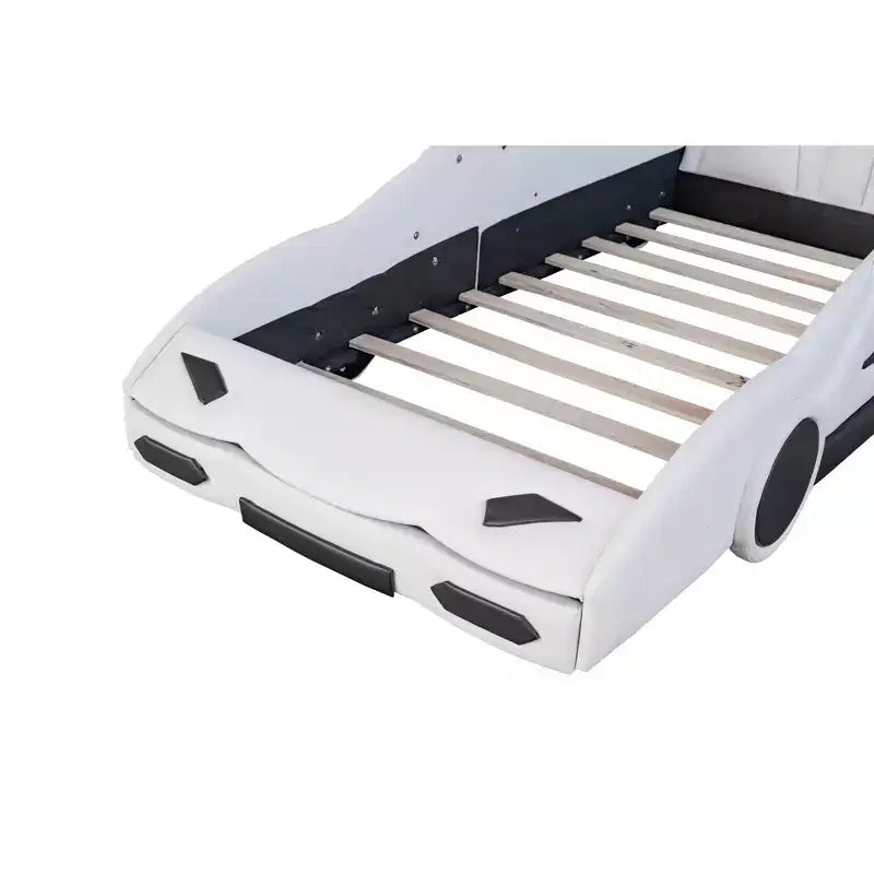 Lit plateforme Whisen Wood en forme de voiture de course, taille double, avec LED et dossier rembourré